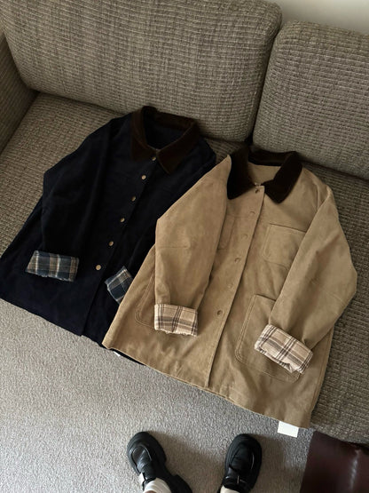 // 絨面領拼燈芯絨格紋拼布中長外套