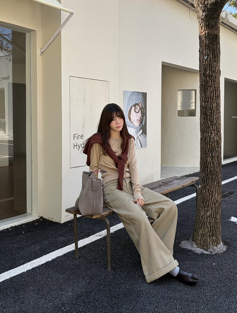 // 雙口袋裝飾加絨卷邊褲(連腰帶)