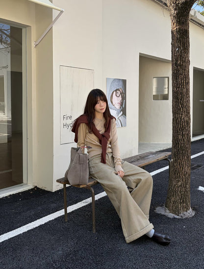 // 雙口袋裝飾加絨卷邊褲(連腰帶)