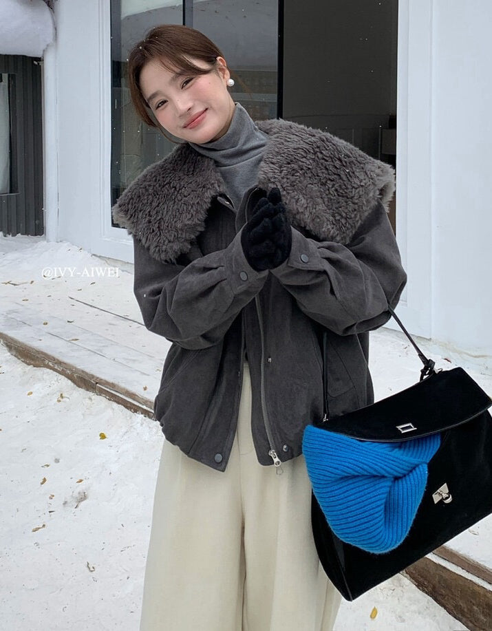 // 設計感毛毛大翻領夾棉短款JK