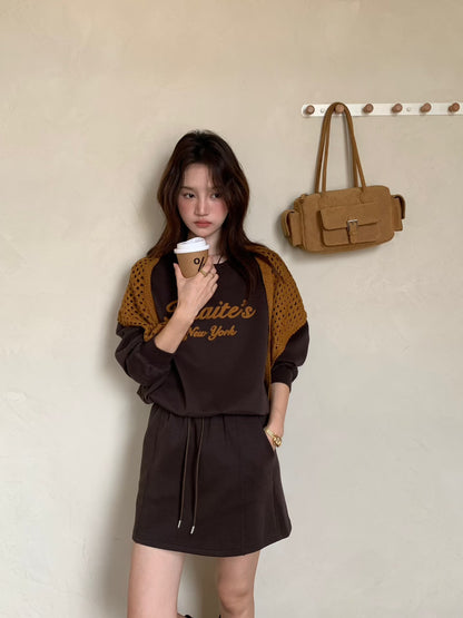 // 超美刺繡字衛衣+抽繩短裙兩件套(連針織披肩)￼