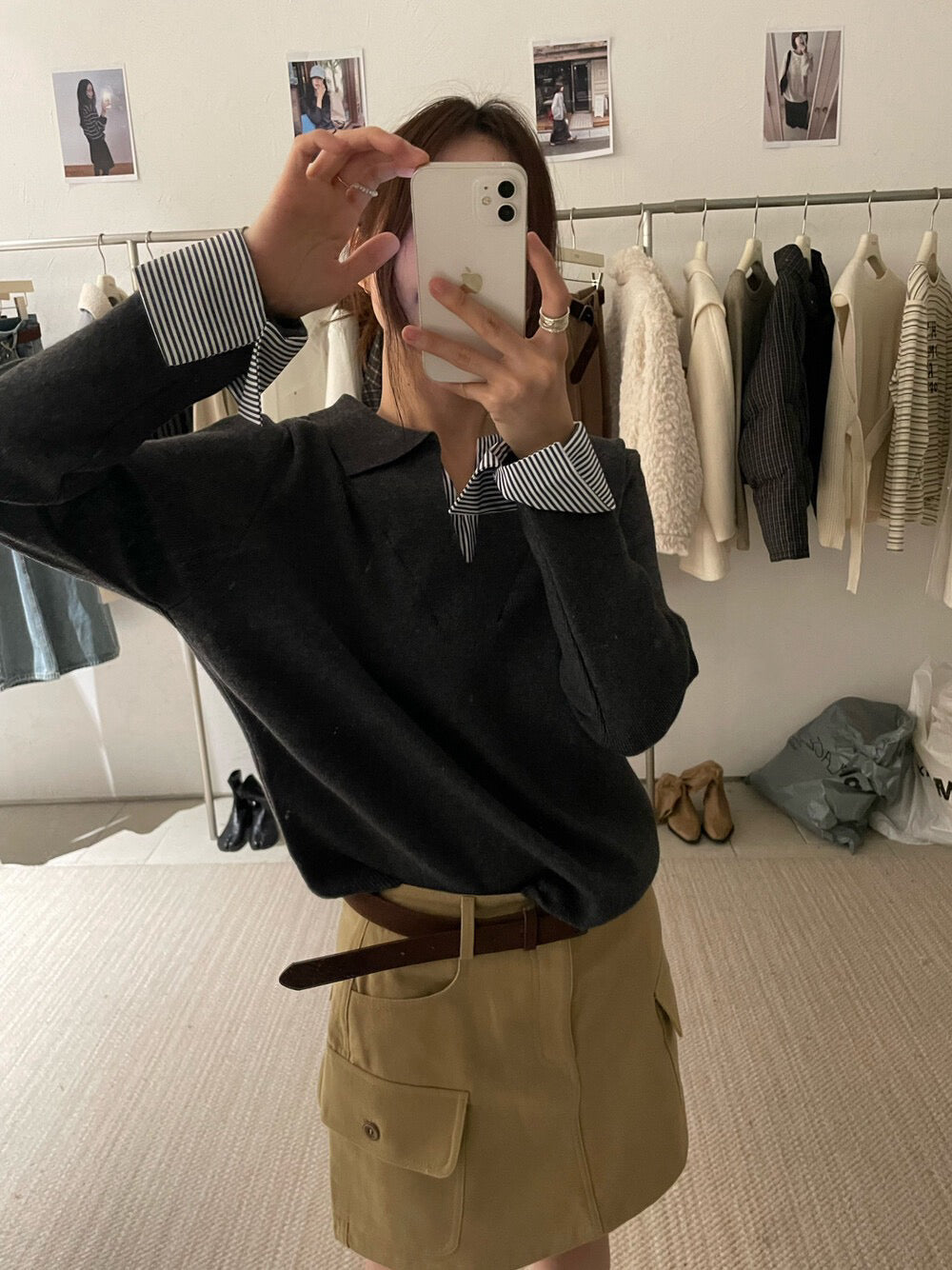 // 極簡風拼接間條恤衫假兩件翻領NT