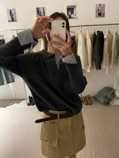 // 極簡風拼接間條恤衫假兩件翻領NT