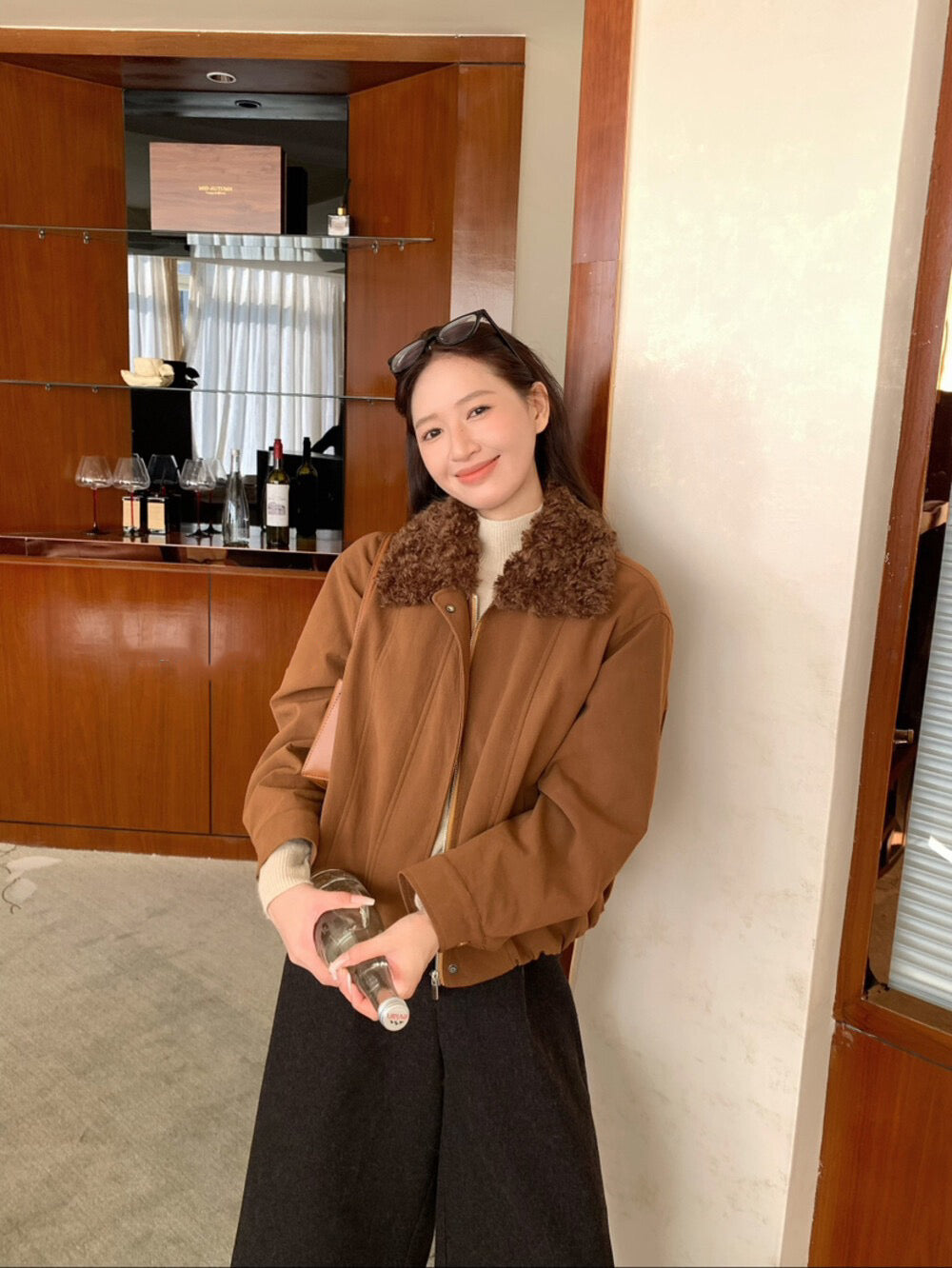 // 拼接卷毛領設計感短外套