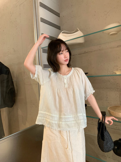 // 天絲麻精緻lace邊小壓褶娃娃BL