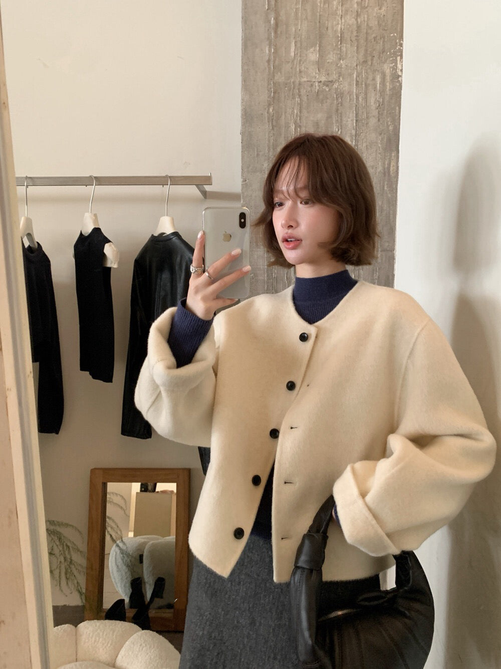 // 100%羊毛簡約圓領小口袋雙面羊毛手工外套