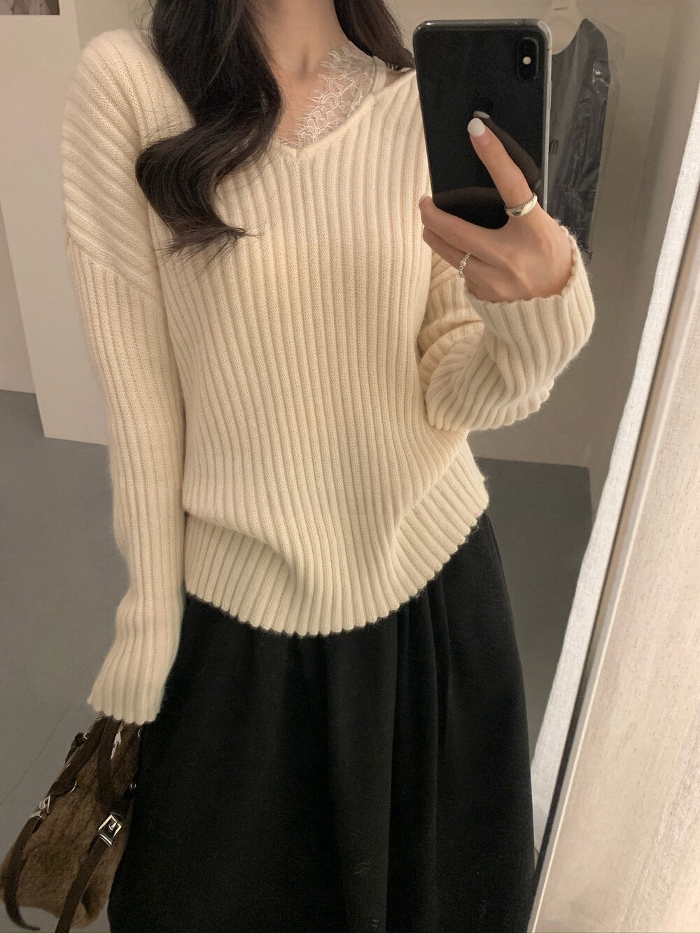 // 12%綿羊毛lace邊假兩件NT