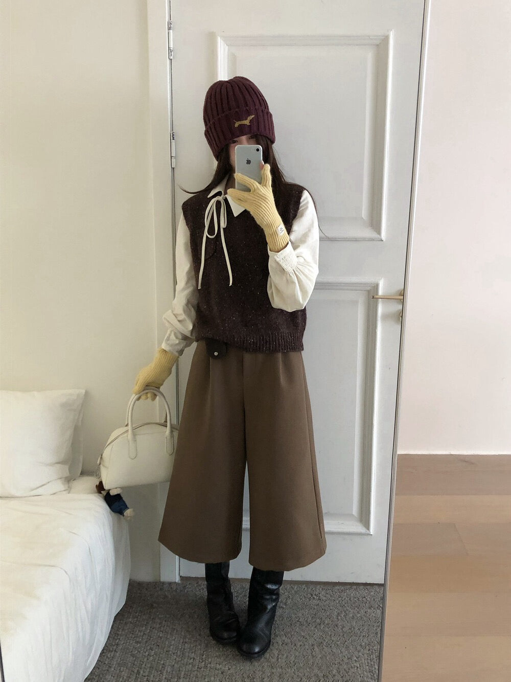 // 帥氣八分毛呢料加絨褲(連小腰包+腰帶)