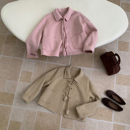 // 100%wool翻領雙口袋短款雙面手工羊毛外套(連頸繩掛飾)