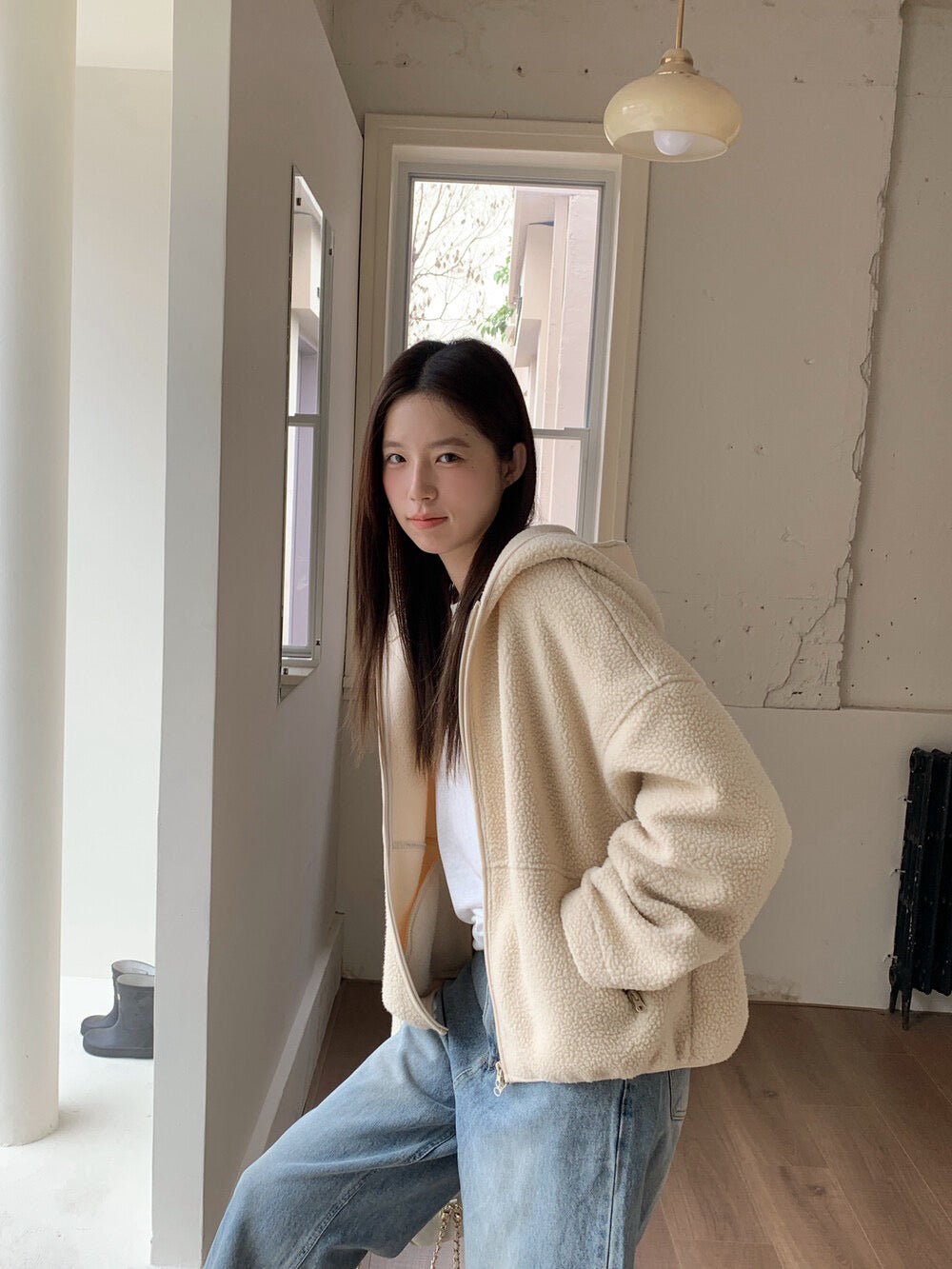 // 休閒感羊羔毛連帽外套