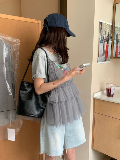 // 蝴蝶結綁肩層層網紗吊帶
