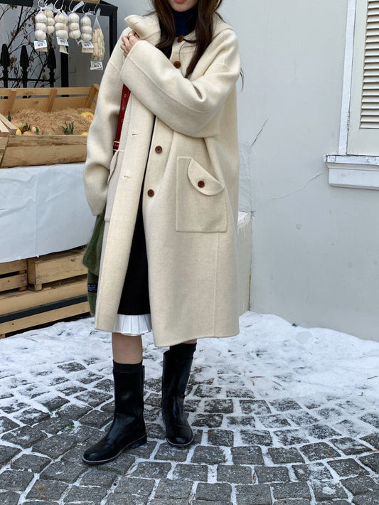 // 80%wool+20%alpaca連帽可愛口袋手工羊毛外套