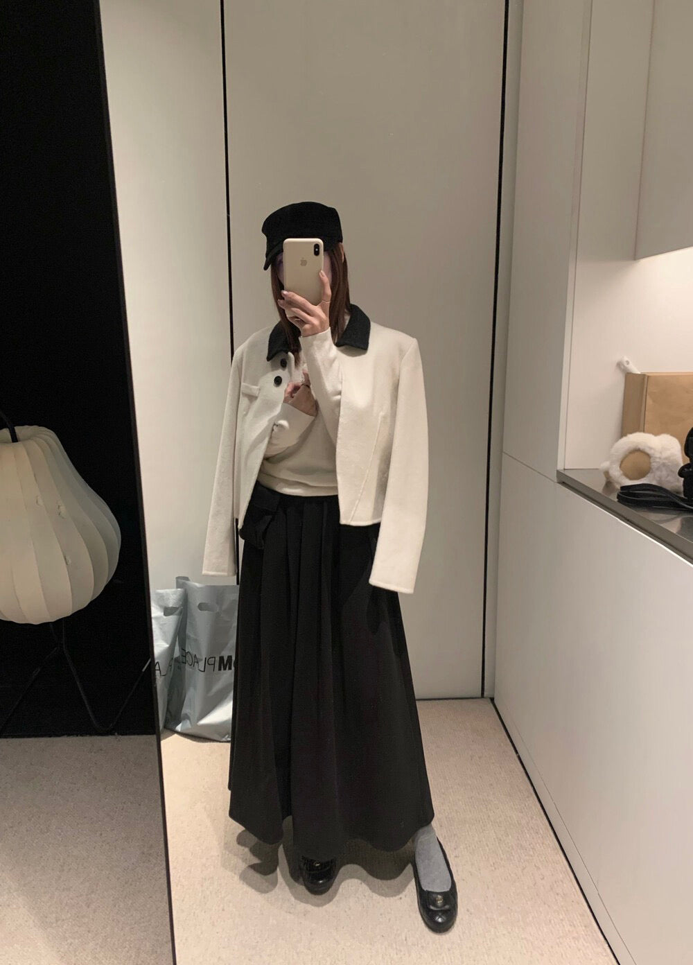 // 連腰包高品質毛呢壓褶中裙