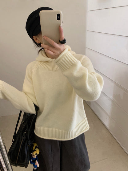 // 粗織紋領位連帽卷卷邊毛衣