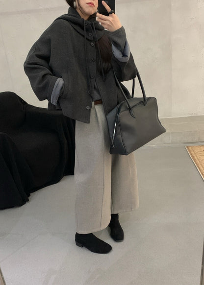 // 可拆針織帽短款圓領毛呢外套