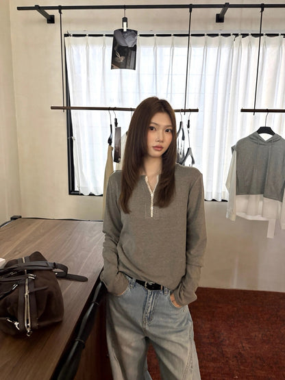 B210 / 拼接lace邊V領側褶褶長袖正肩TEE