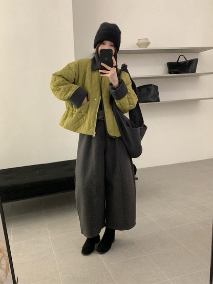 // 撞色包邊拼燈芯絨領可束腰菱格夾棉短外套(帽子可拆)