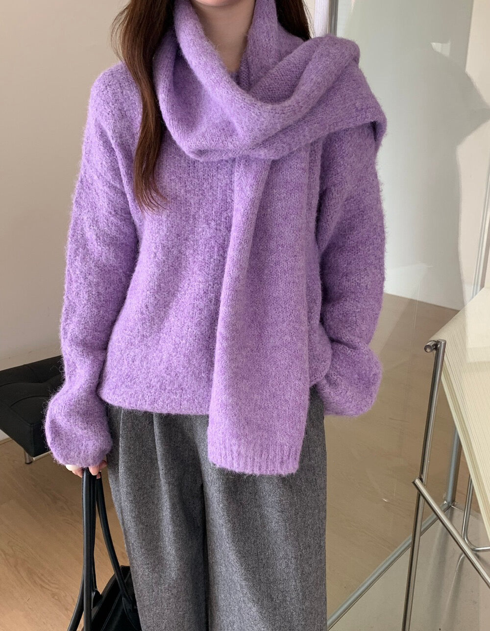 // 慵懶感寬鬆款連頸巾毛衣