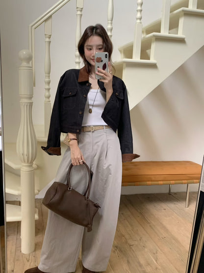 // 復古撞色燈芯絨領短款牛仔外套