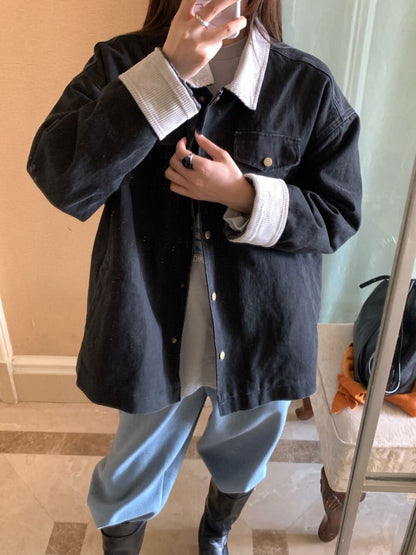 // 拼色燈芯絨領牛仔外套