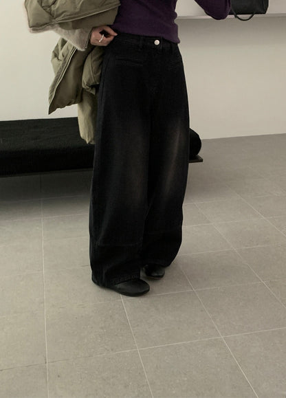 // 雙口袋裝飾拼接褲腳加絨全長牛仔褲