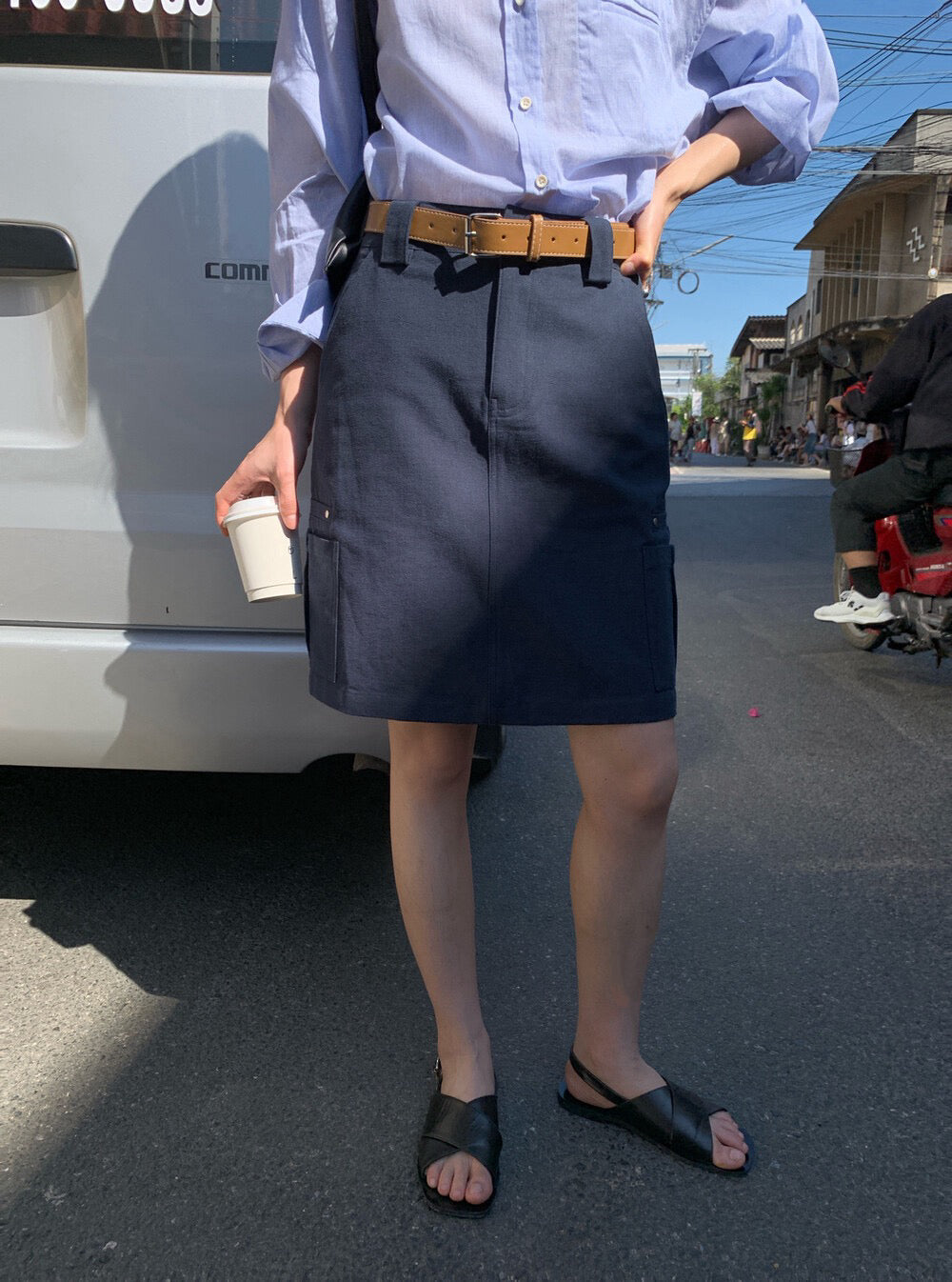 📻 肌理棉口袋工裝短裙(連腰帶)