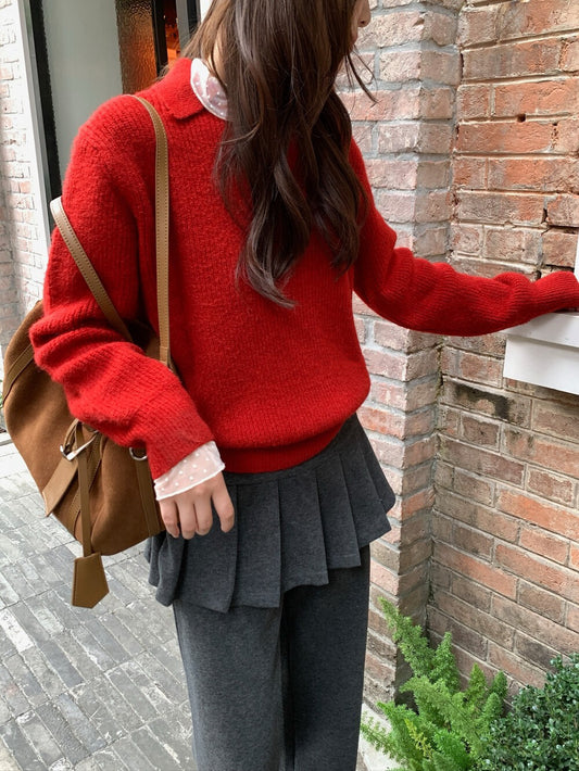 // 慵懶感直坑紋翻領毛衣