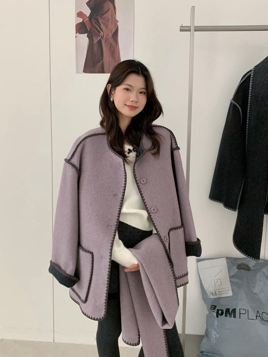 // 可雙面穿撞色縫邊70%羊毛外套(連頸巾)