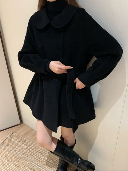 // 超柔軟100%羊毛娃娃領雙排扣手工外套