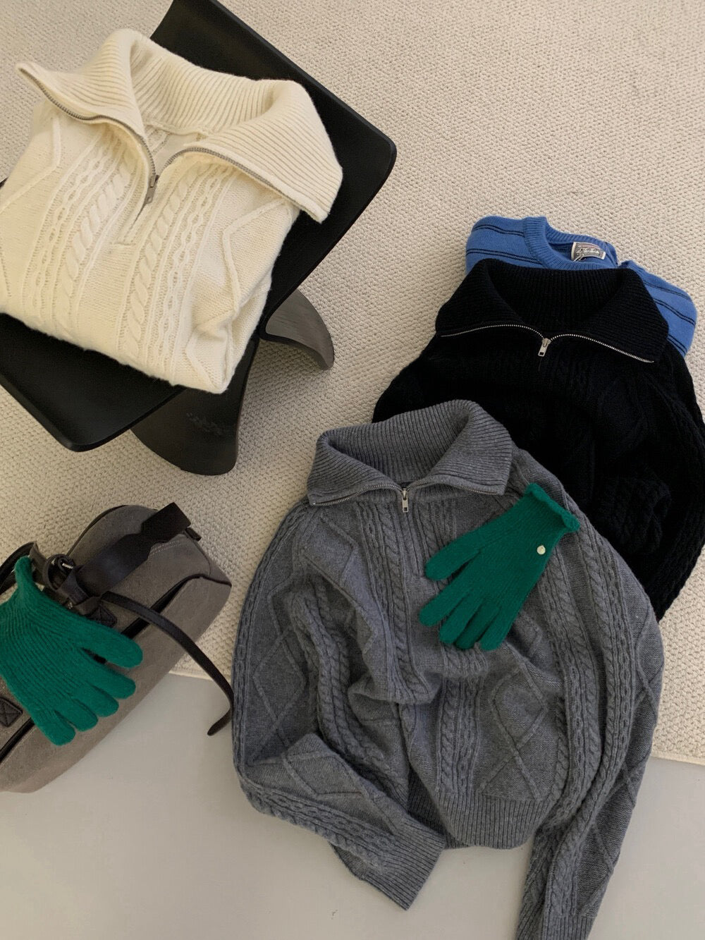 // 麻花半拉鍊立領毛衣+短裙套裝