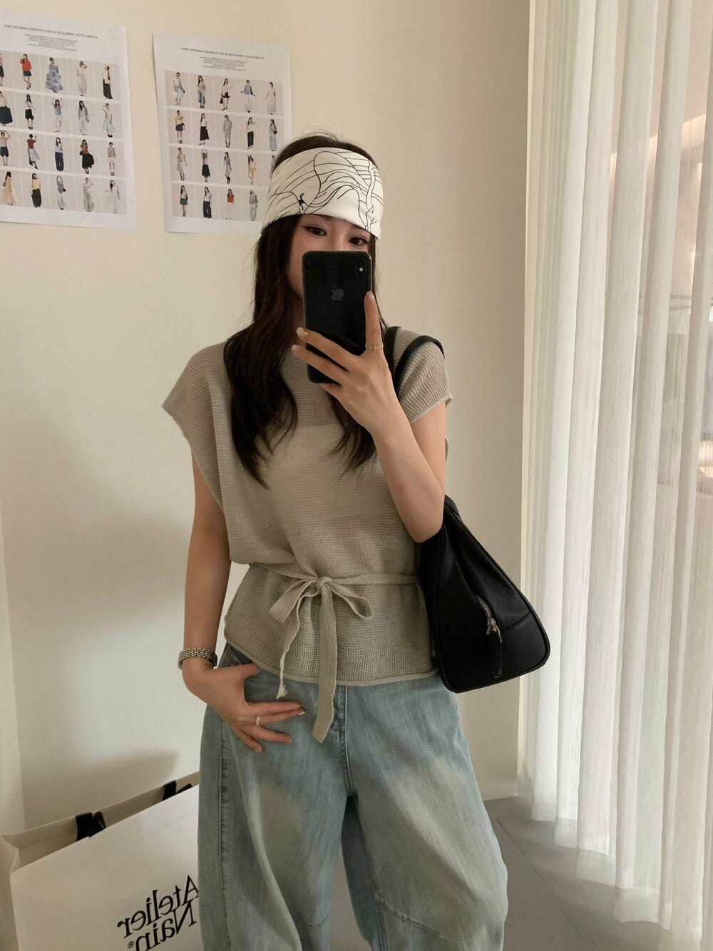 // 高級感飛飛袖綁腰針織上衣