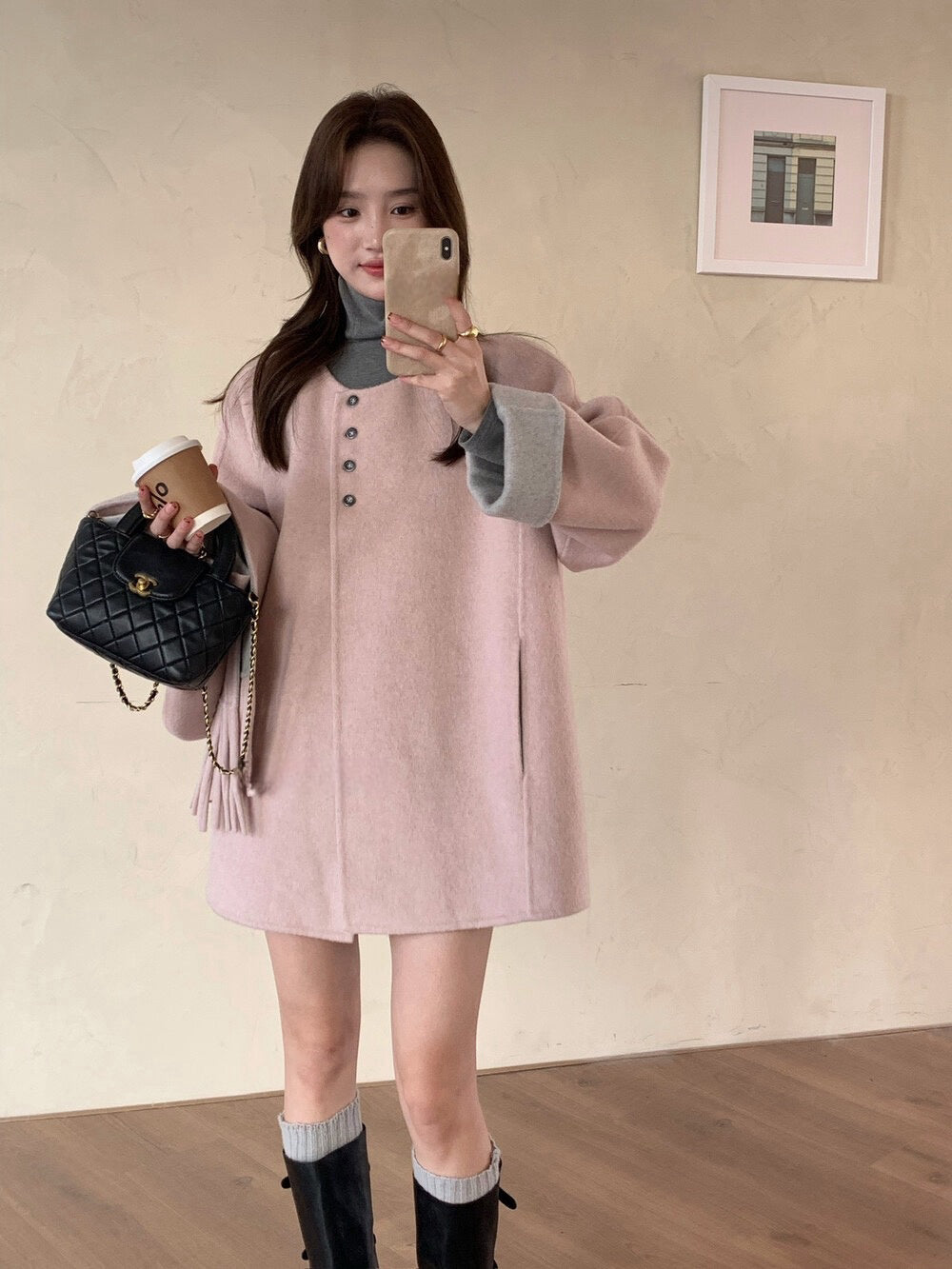 // 100%羊毛簡約高級感三粒鈕中長手工外套(連連帽頸巾)