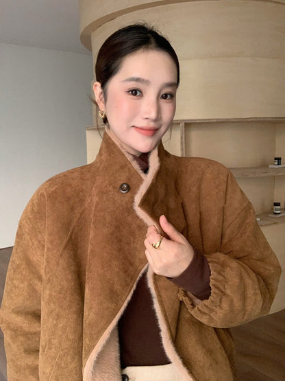 // 帥氣隨性領子皮毛一體麂皮絨外套