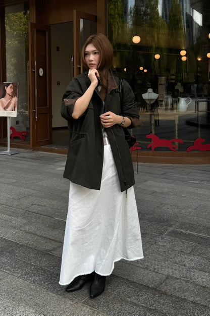 J29 / 美式復古拼燈芯絨領可束腰中長trench coat