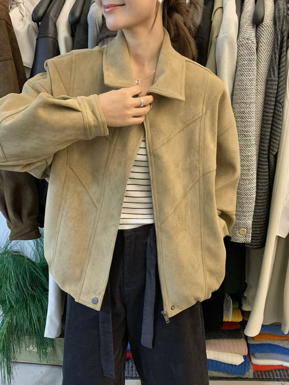 // 帥氣麂皮絨翻領外套