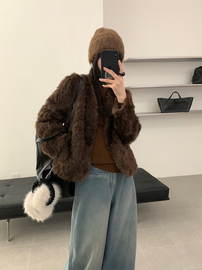 // 高級感皮毛一體V領毛毛外套