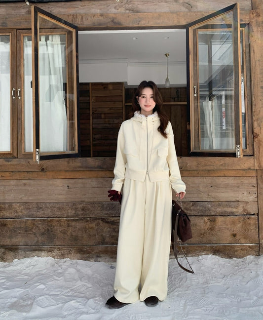 // 連毛毛帽加絨拉鍊外套+橡筋褲套裝