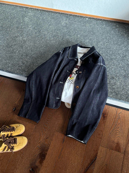 // 復古感明線格仔內裡拼接牛仔外套