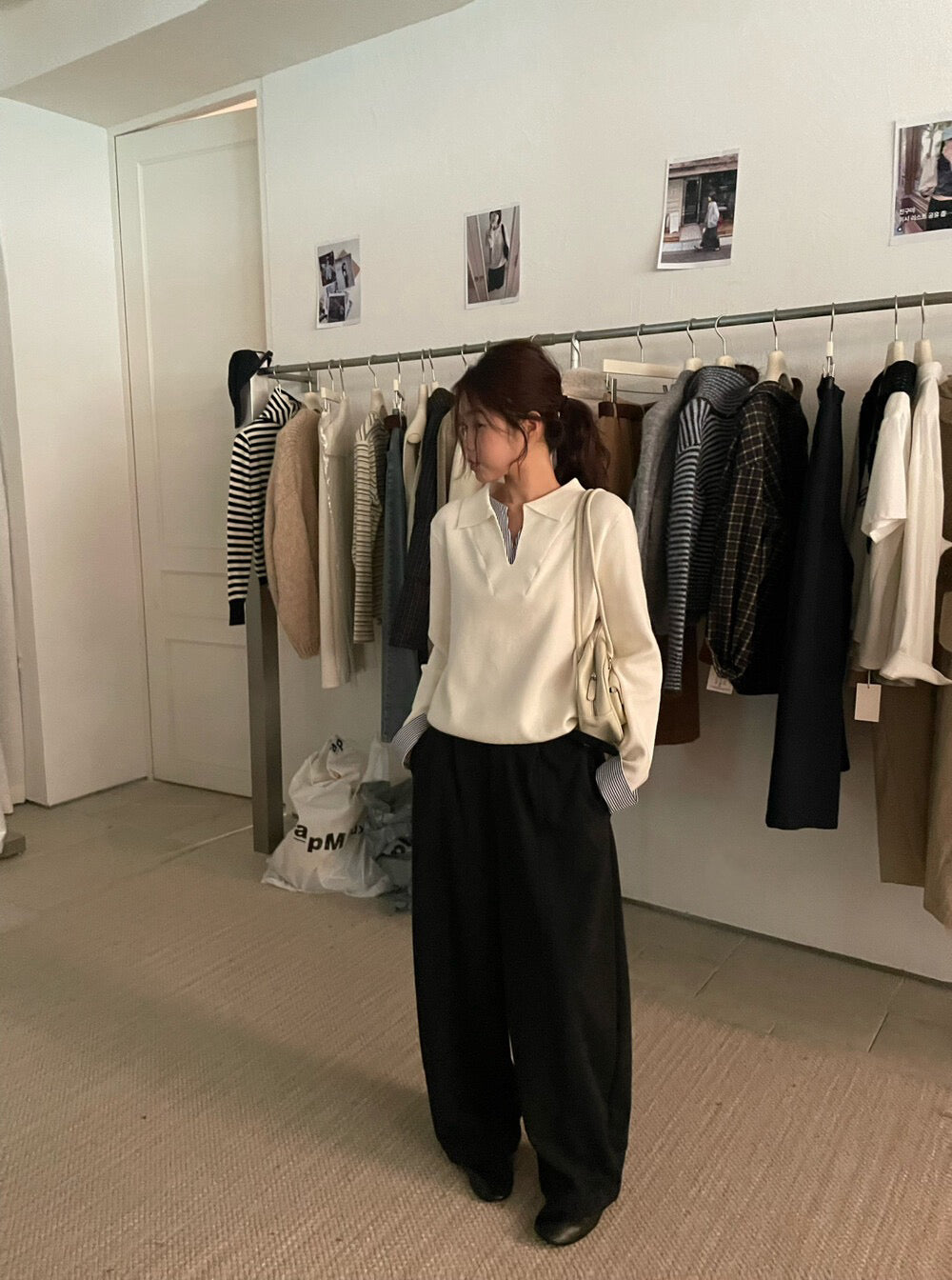 // 極簡風拼接間條恤衫假兩件翻領NT