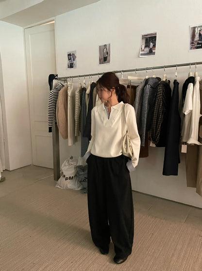 // 極簡風拼接間條恤衫假兩件翻領NT