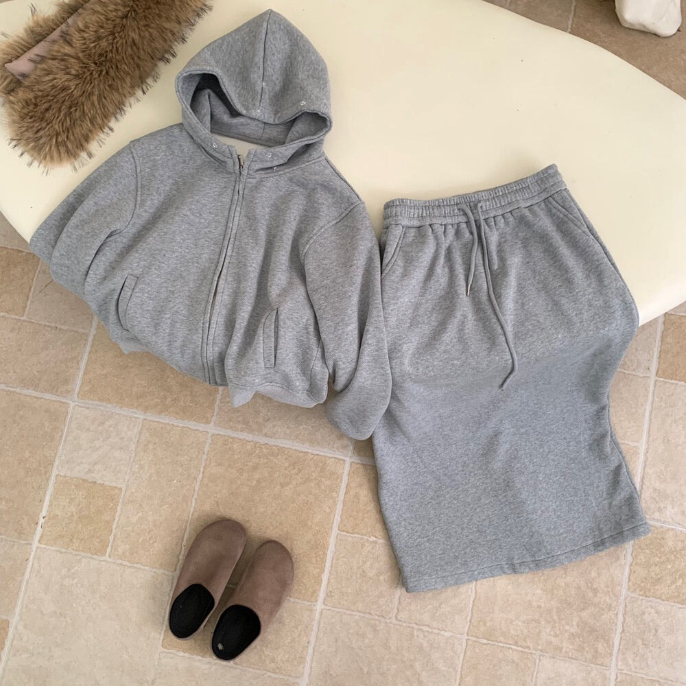 // 可拆毛毛領連帽拉鍊衛衣外套+中裙套裝￼