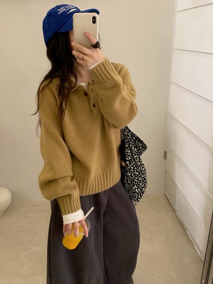 // 超韓領鈕扣粗坑紋翻領毛衣
