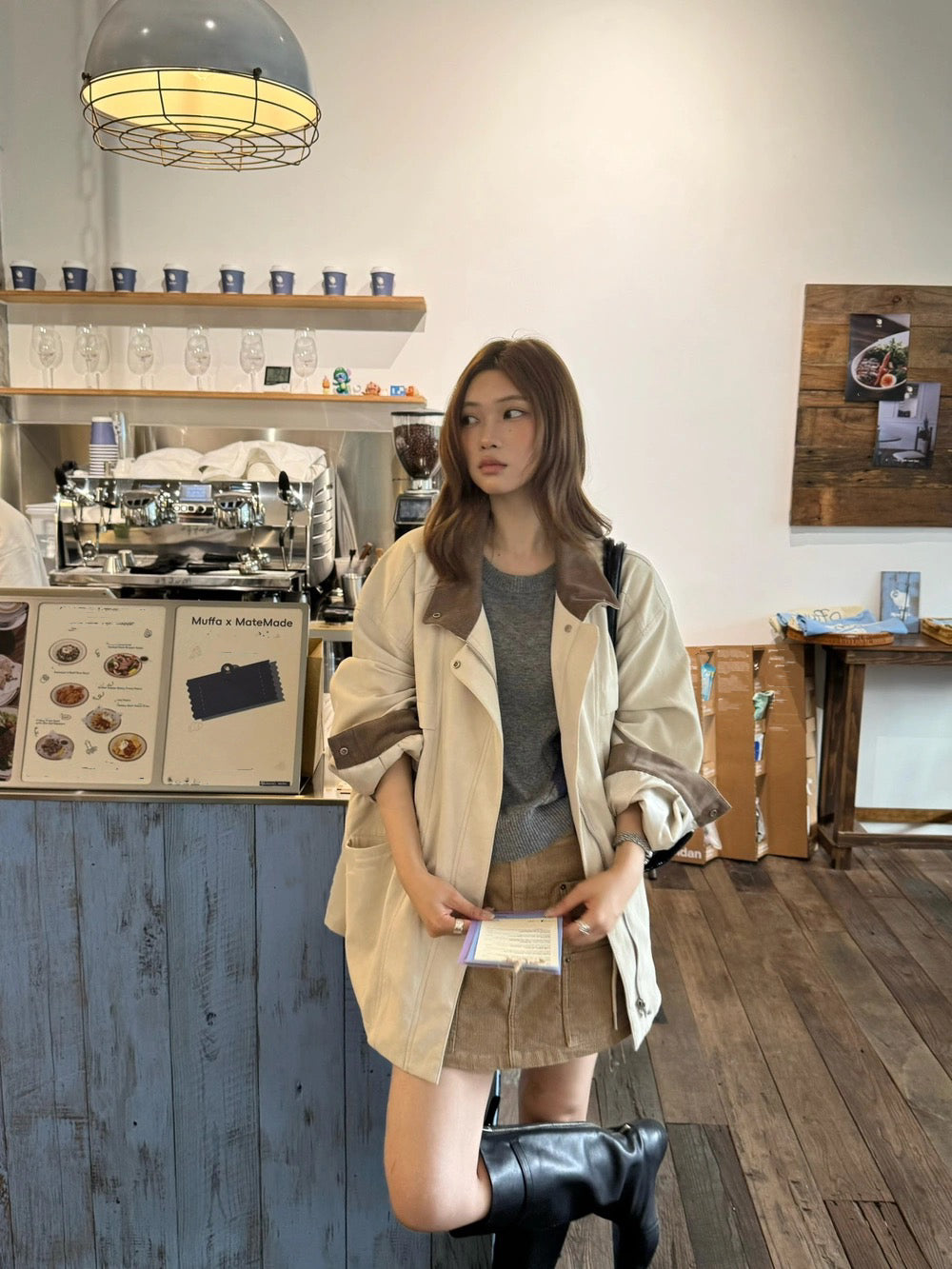 J29 / 美式復古拼燈芯絨領可束腰中長trench coat