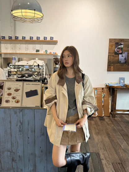 J29 / 美式復古拼燈芯絨領可束腰中長trench coat
