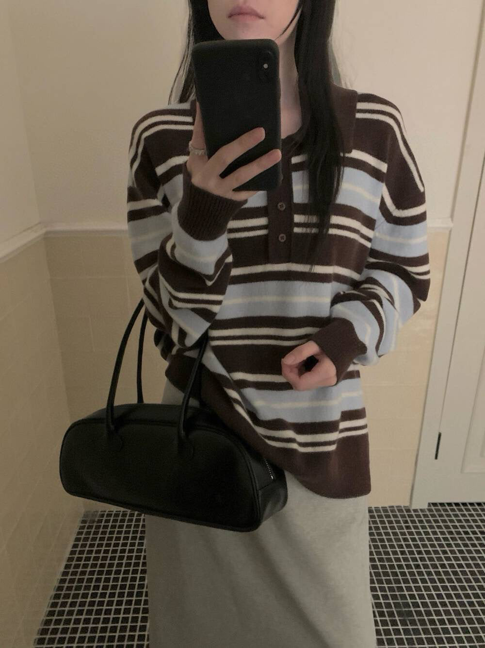 // 100%羊毛復古拼色間條翻領毛衣