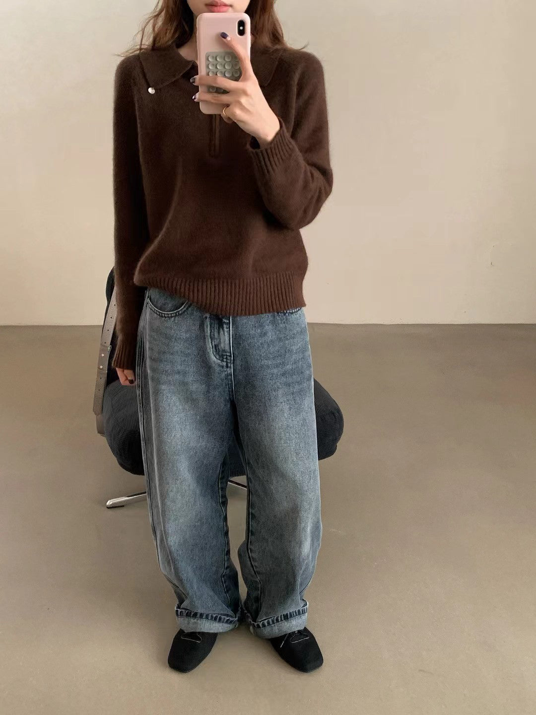 // raccoon+wool半拉鍊翻領高級感毛衣