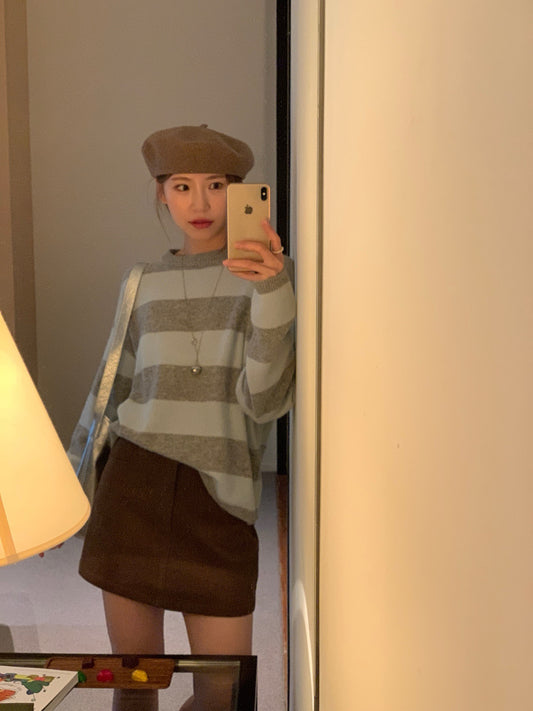 // 撞色粗間條100%羊毛圓領毛衣