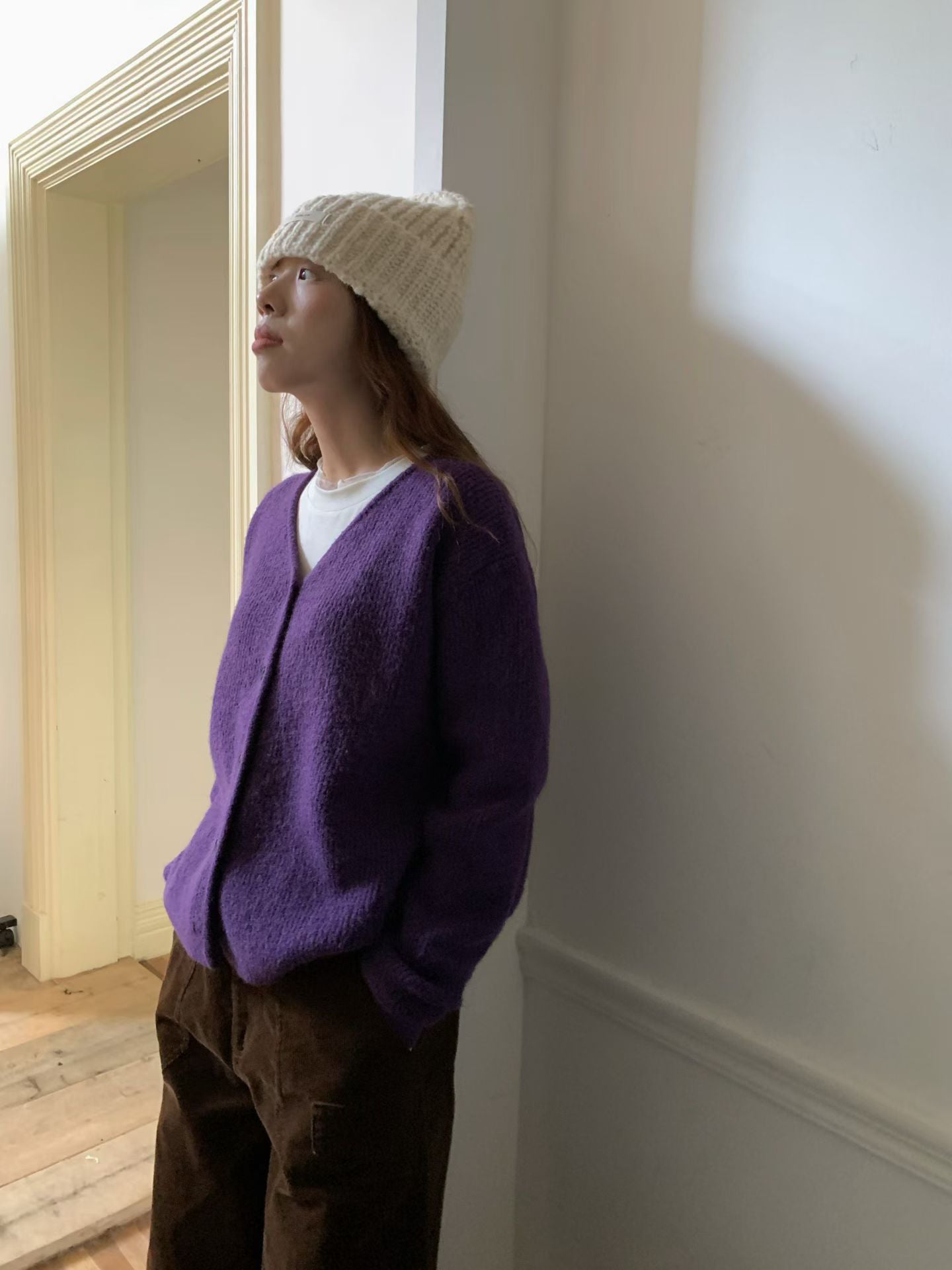 // 12色超美色系V領排扣羊絨紗CD