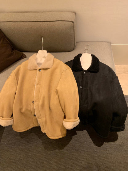 // 可雙面穿皮毛一體翻領中長外套