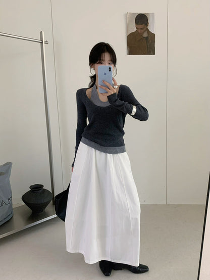 // 小性感大U領假兩件掛頸針織